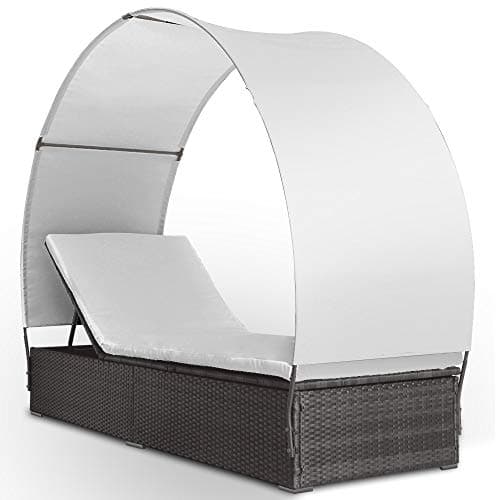 Chaise longue façon lit de jardin en rotin avec pare soleil Miadomodo