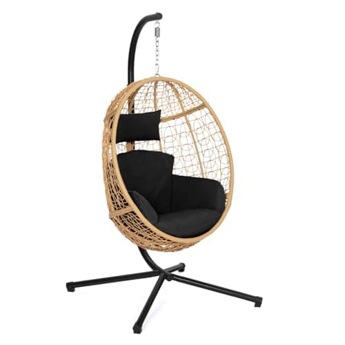 Fauteuil œuf suspendu en rotin avec coussin noir
