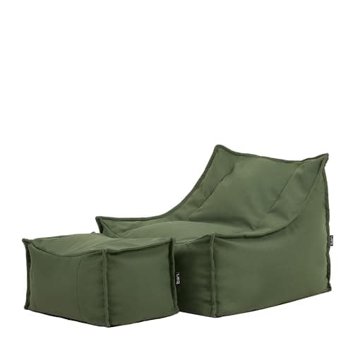 Fauteuil poire vert kaki avec tabouret assorti extérieur