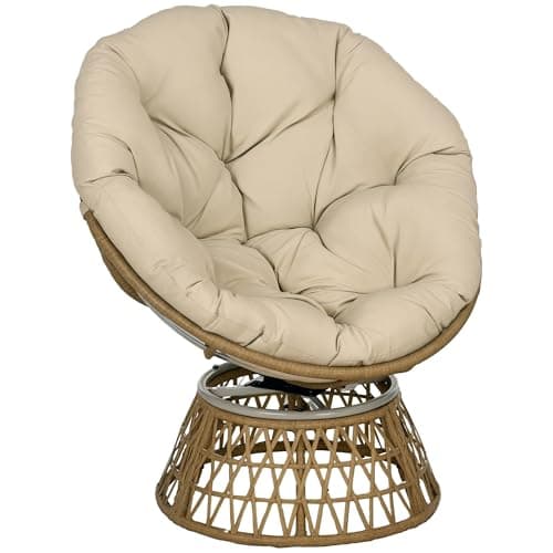 Fauteuil papasan rotin pivotant avec coussin beige extérieur