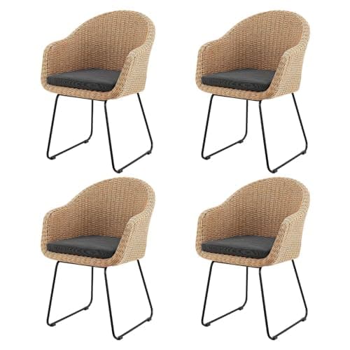 Juskys Ensemble de 4 Fauteuils en Osier Cody avec Coussins - Rotin d'Intérieur et d'Extérieur - Chaise Moderne Pouvant Supporter jusqu'à 100 kg - Style Naturel