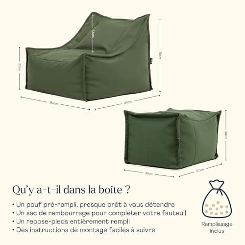 Pouf poire vert kaki avec tabouret et remplissage inclus