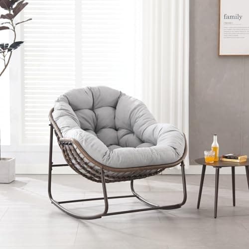 KOMHTOM Fauteuil à Bascule en Rotin d'extérieur, Fauteuil de Jardin, Rocking Chair, avec Coussin, Structure Métallique, pour Véranda, Salon, Terrasse, Jardin (Gris Clair)