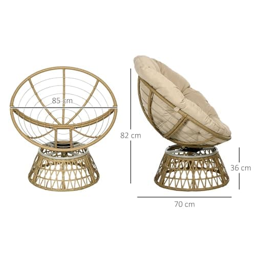 Fauteuil papasan rotin pivotant avec coussin beige dimensions illustrées