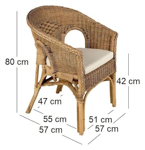 Fauteuil en rotin marron avec dimensions et coussin blanc