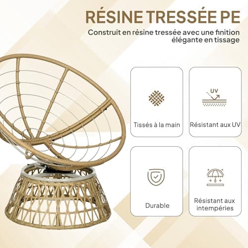 Fauteuil papasan rotin résine tressée pivotant avec coussin kaki