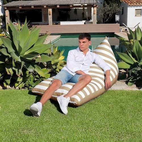 Pouf pyramide XXL beige rayé pour extérieur et intérieur