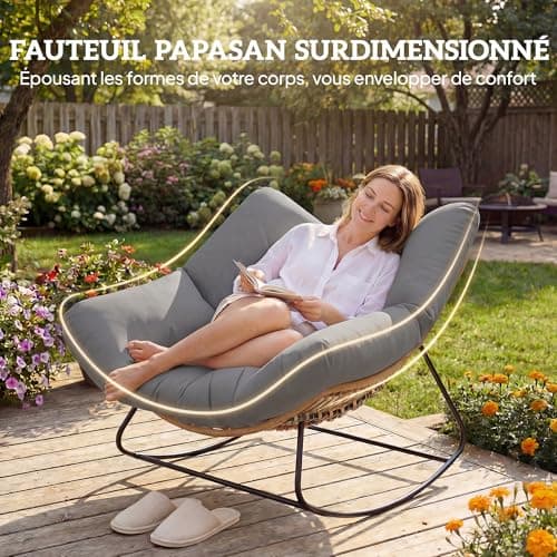 Fauteuil à bascule papasan gris avec coussin pour extérieur