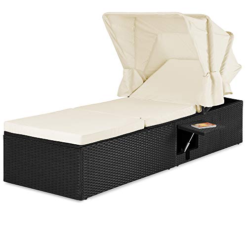 Chaise longue transat pour bain de soleil en solo, en résine tressée avec toit pare-soleil et tablette pour boisson