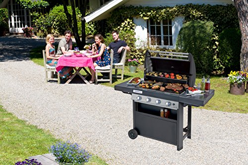 Barbecue à gaz avec 4 brûleurs avec grille et plancha avec couvercle, Campingaz, en acier double émaillage de puissance 12.8 kW