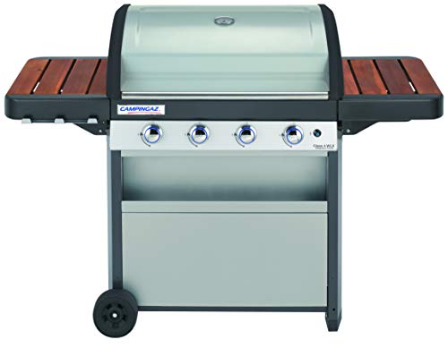 Look rétro pour ce barbecue à gaz avec 4 brûleurs avec grille et plancha avec couvercle, Campingaz, en acier double émaillage de puissance 12.8 kW