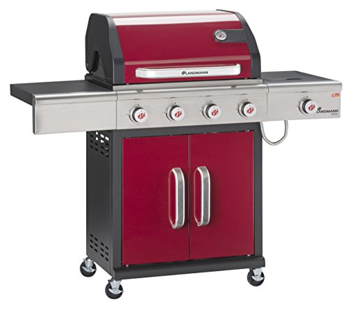 Look moderne et original pour ce barbecue à gaz rouge avec 5 brûleurs avec grille et plancha avec couvercle, Landmann, en acier double émaillage de puissance  3,5 kW