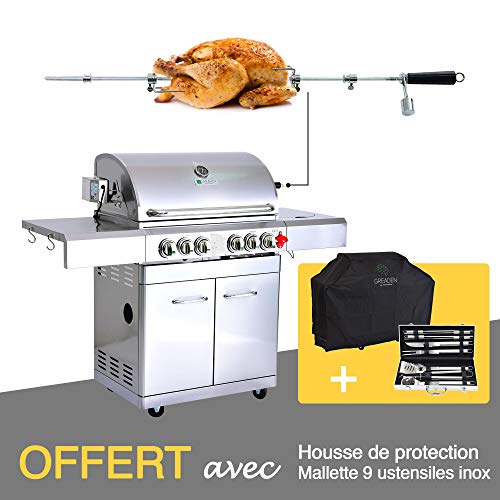 Barbecue à gaz avec plancha puissante et tourne-broche