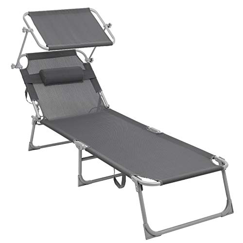 Chaise longue inclinable et pliable façon transat pour bain de soleil, Songmics, grise avec petit parasol réglable