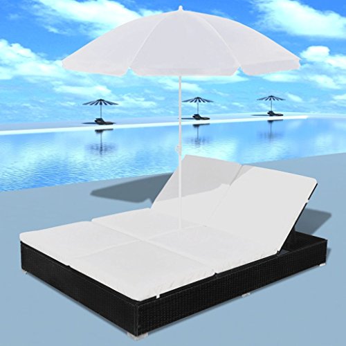 Lit Transat bain de soleil double en résine tressée avec parasol pour un jardin déco contemporaine